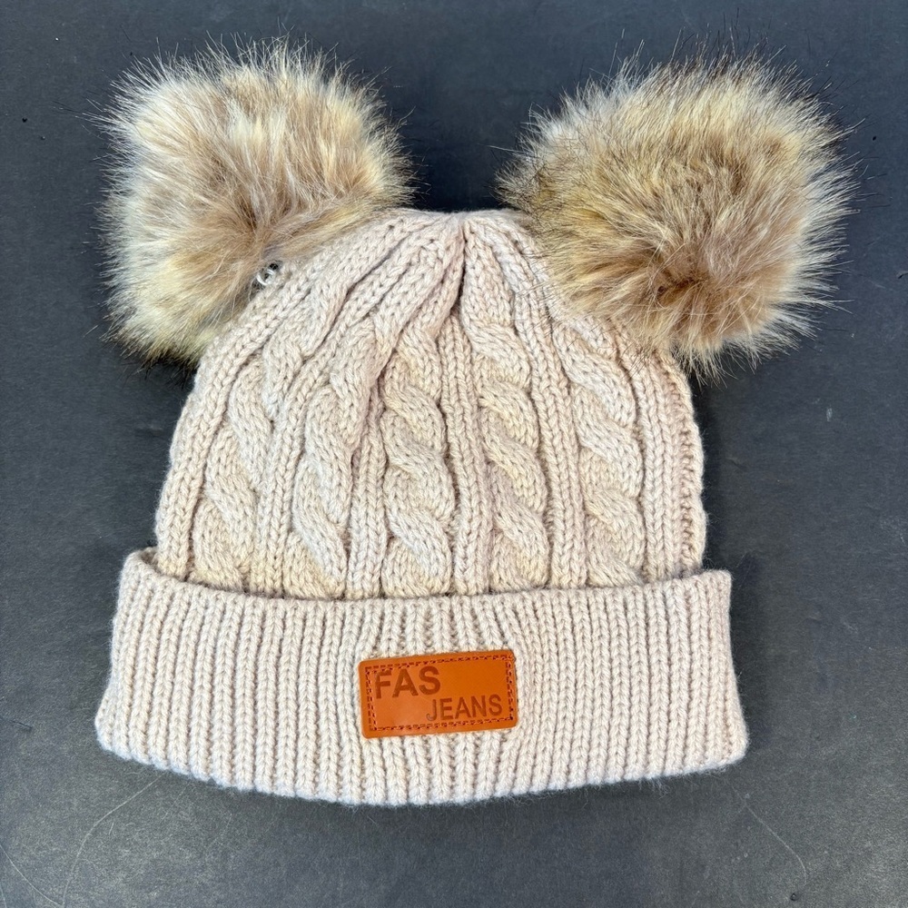 Fas Jeans Kids Cream Knit Outdoor Cozy Beanie Hat with Faux Fur Pom Poms